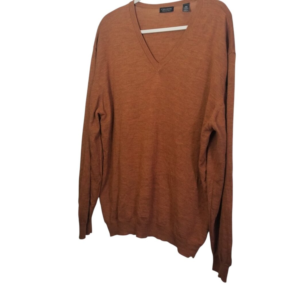 Cellinni Men's Wool Burnish Orange V-Neck Preppy Academia Sweater Sz L Tall